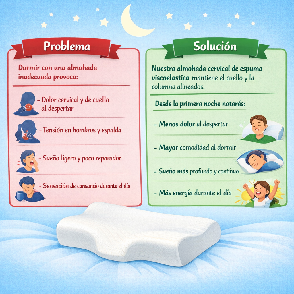 Almohada Cervical Ergonómica de Espuma Viscoelástica – Alivio del Dolor de Cuello